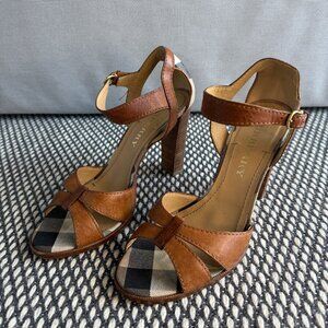 Burberry Brown Leather Sandals | Size 40 | Plaid Footbed | Designer Heels